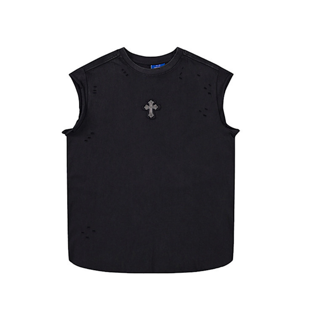 Mz】Front and back cross motif design basic black sleeveless top