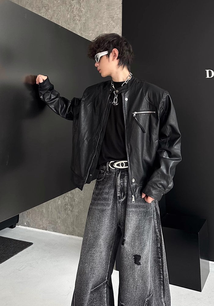 MARTHENAUT】Basic design high neck silhouette synthetic leather 