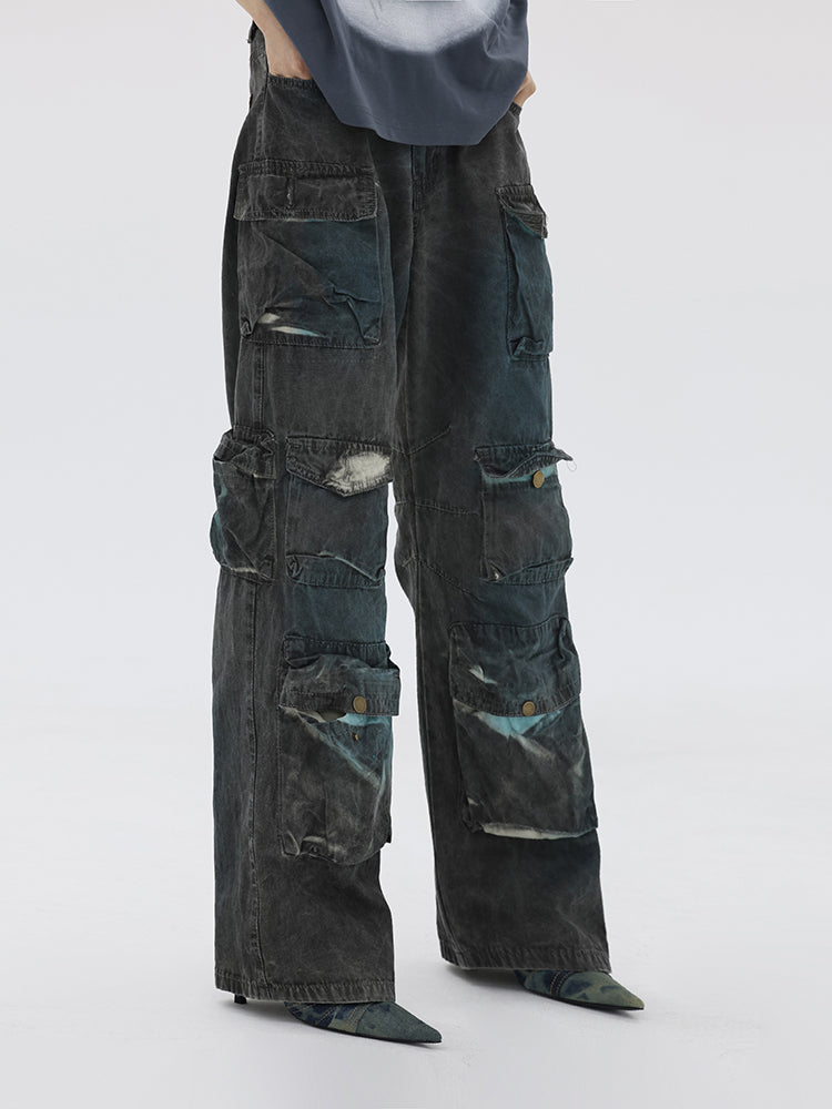 FUZZYKON] Tie dye three-dimensional pocket street wide leg pants