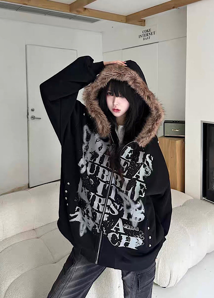 Take off】Front Initial Grunge Design Fur Hoodie Jacket Hoodie