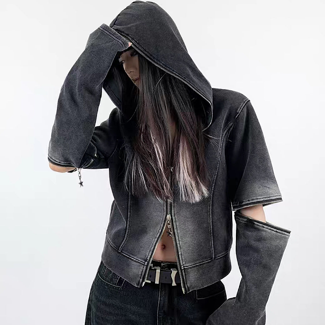 Rouge] Washed double zip design grunge style hoodie RG0013