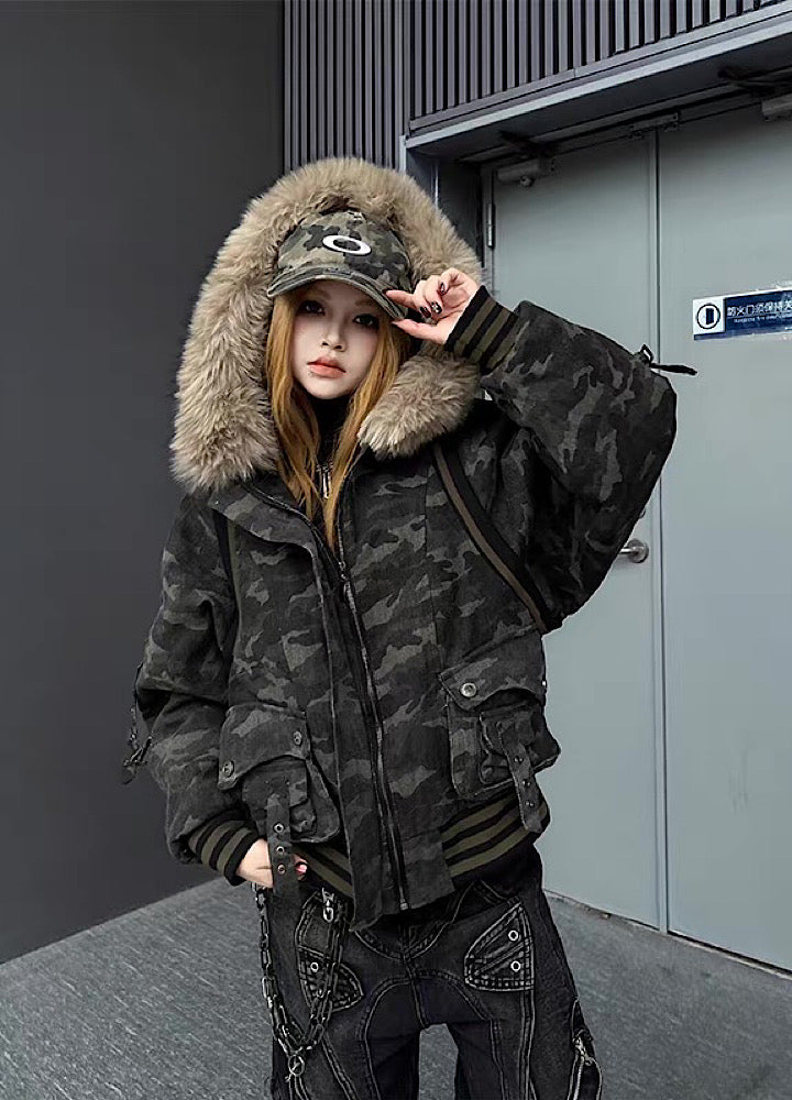 TR BRUSHSHIFT】Rib gimmick design double pocket camouflage fur 