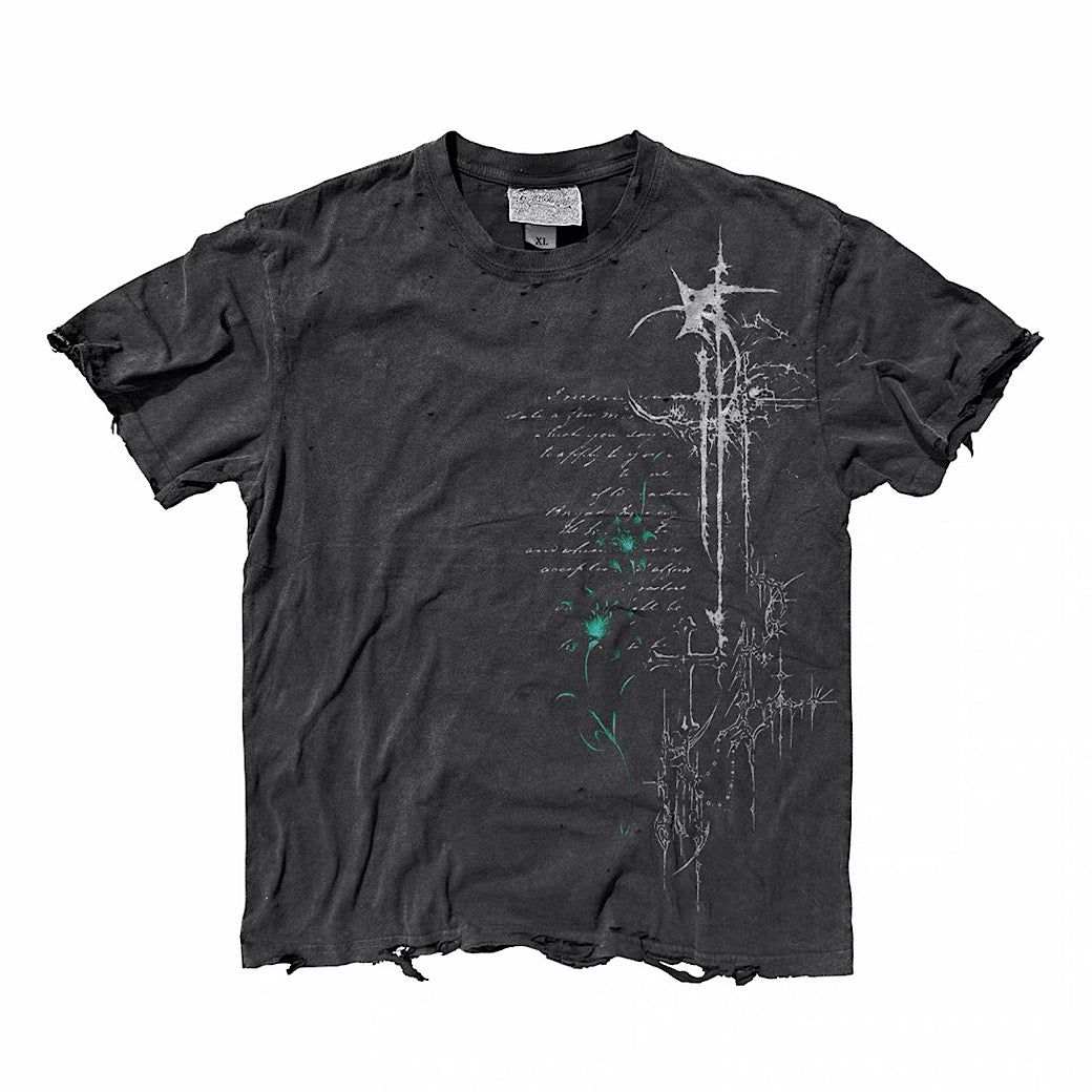 Mid-distressed vintage color cross punk print short-sleeved T