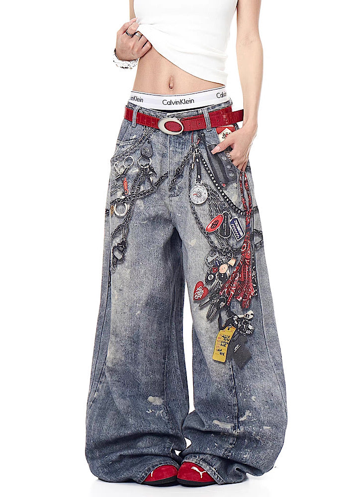 Blacklists】Transfer illustration design gal style wide denim