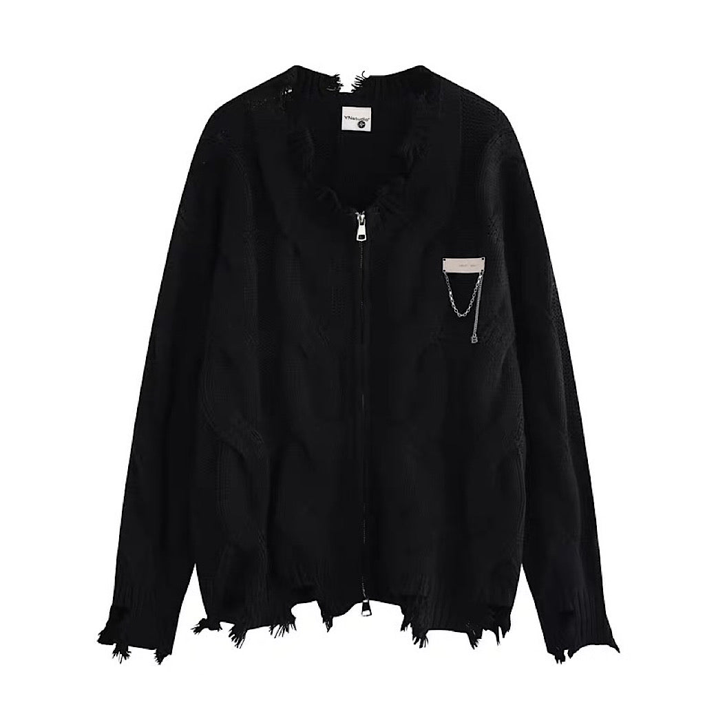 NIHAOHAO】Simple chain design full-zip distressed cardigan NH0223