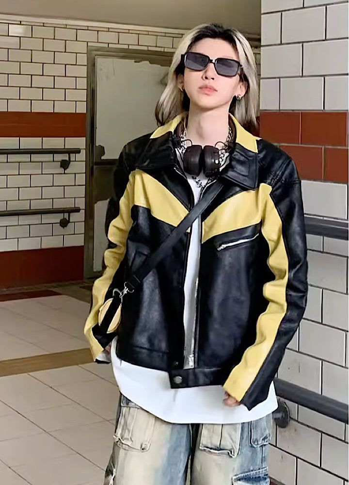 YOBOPA Black yellow leather design bee style jacket YP0009