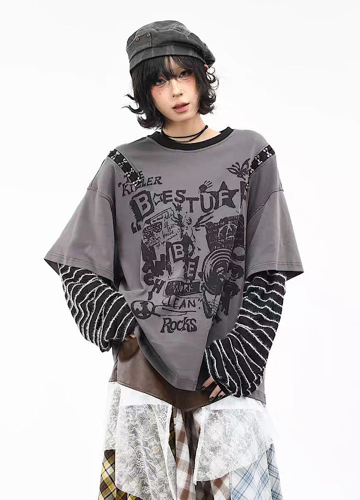 OV】Grunge punk front design layered border long sleeve T-shirt 