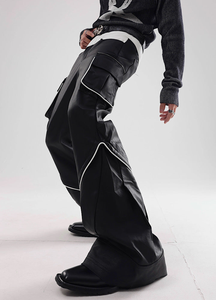 DARKFOG] Multi White Line Over Leather Break Cargo Pants DF0026