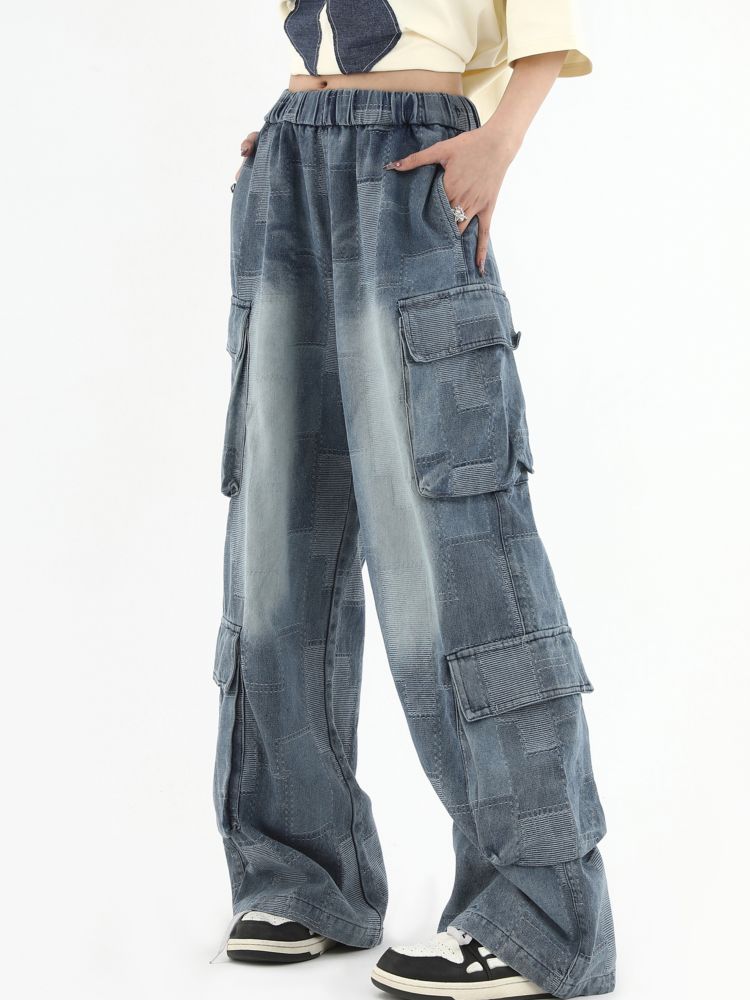 High Waisted Multiple Pockets Washed Casual Cargo Pants