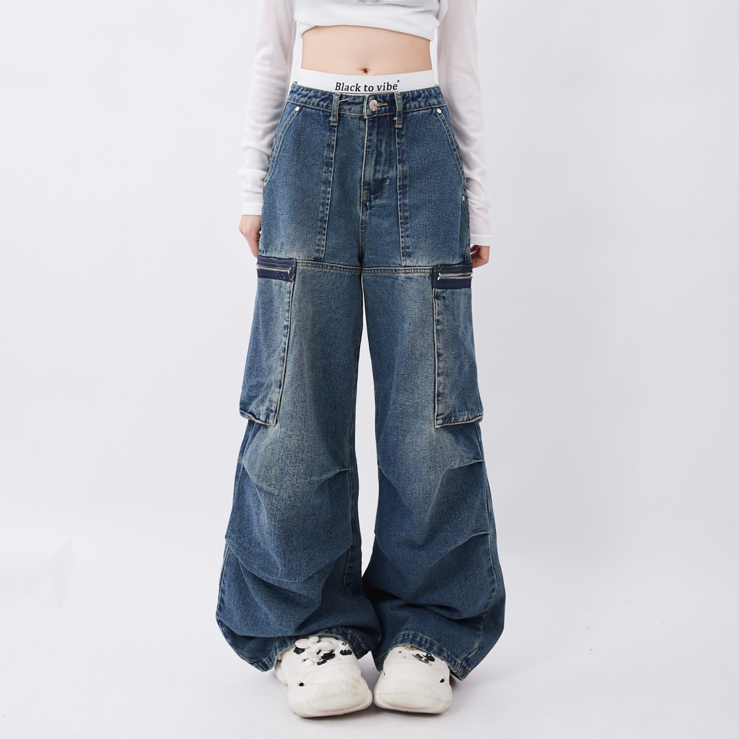 Rayohopp】Loosen balloon silhouette loose tape cargo design denim