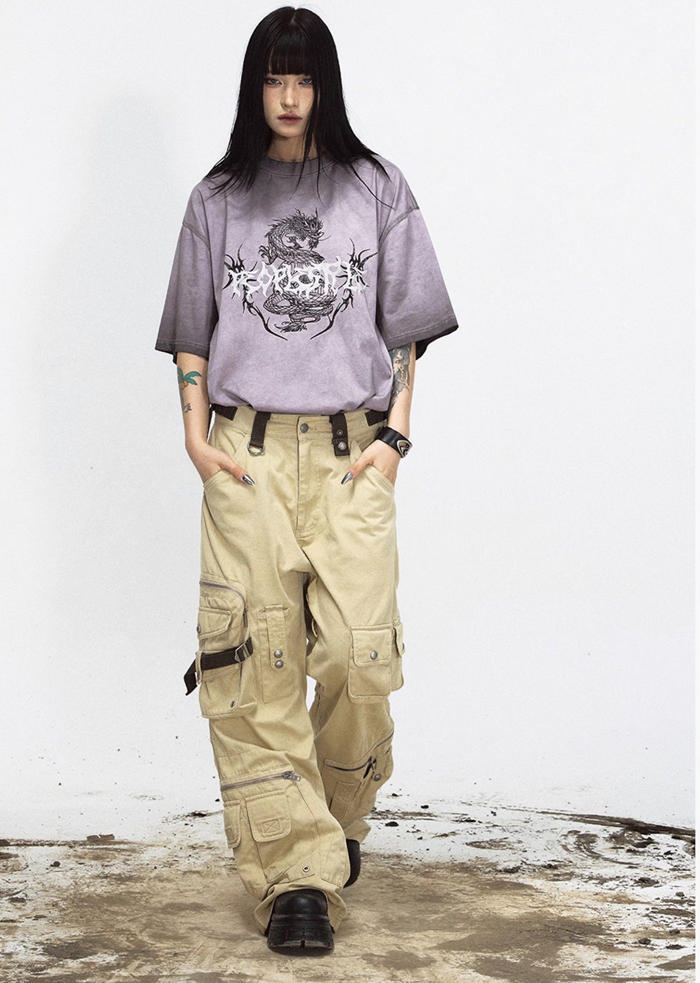 【People Style】Brand initials plus dragon design over short sleeve T-shirt  PS0036