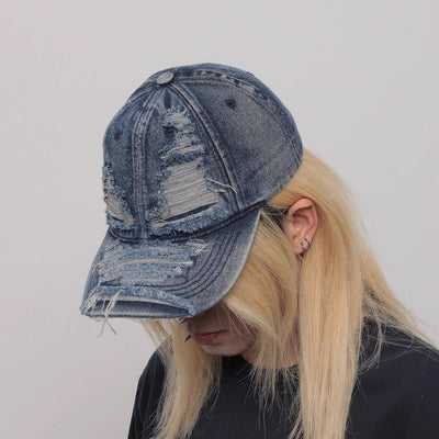 【WORLD WIDE】Villain Eye Distressed Denim Design Cap  WI0008