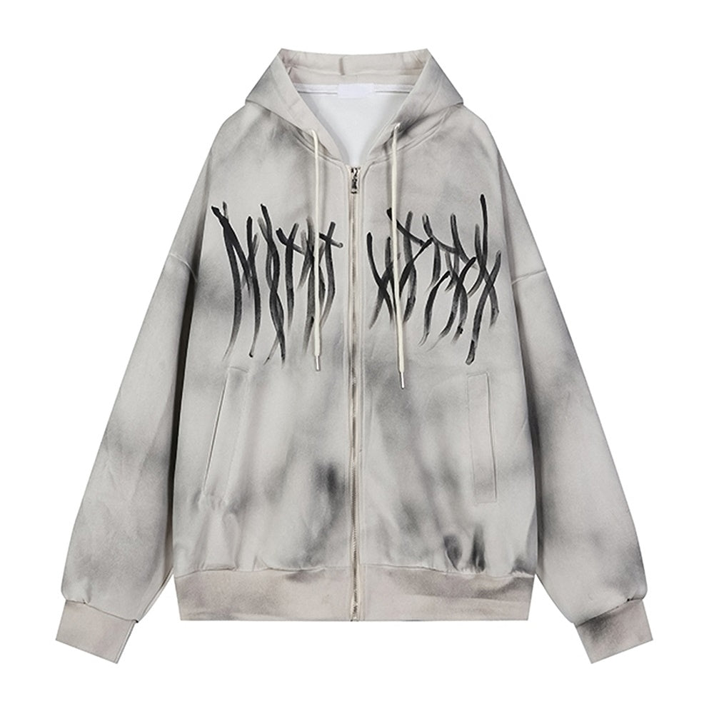 【NIUGULU】Subculture Initial Design Wash Style Full Zip Hoodie  NG0044