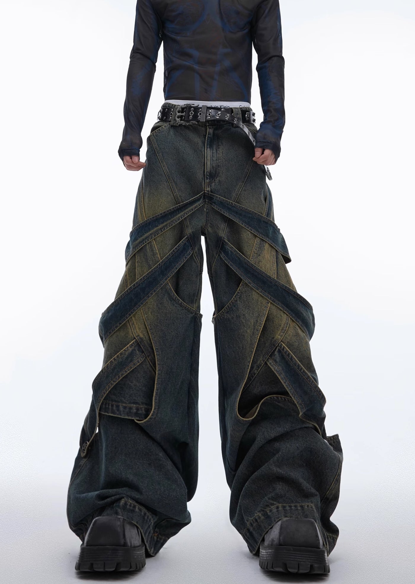 【Culture E】Dull wash cross infinity design denim wide pants  CE0146