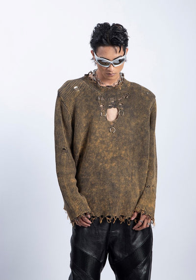 【PLAN1ONE】Tight silhouette mid-length distressed long-sleeved T-shirt  PL0042