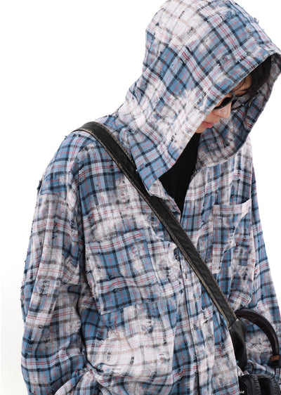 【MR nearly】Random check pattern design dull over parka style long sleeve shirt  MR0107