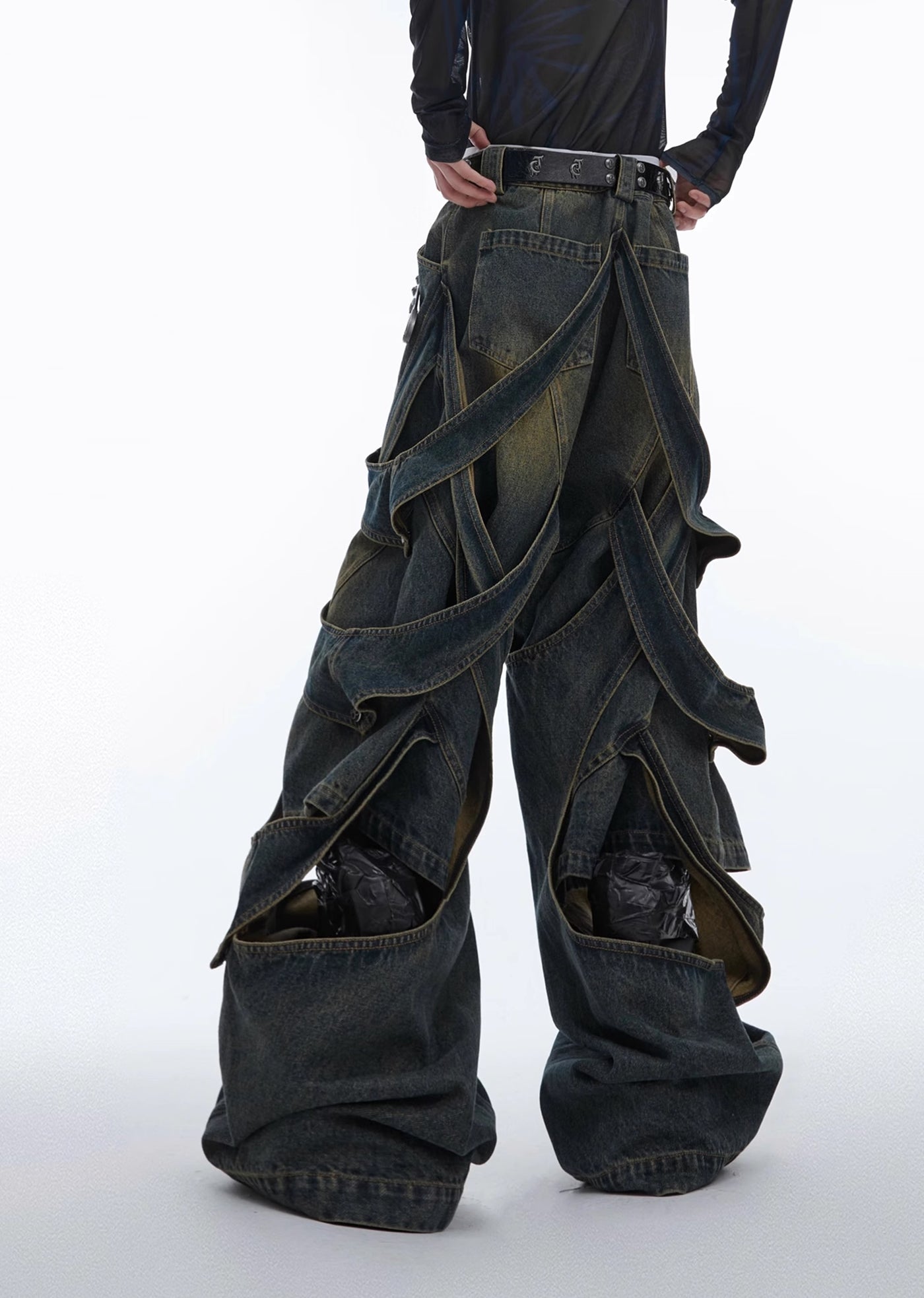 【Culture E】Dull wash cross infinity design denim wide pants  CE0146