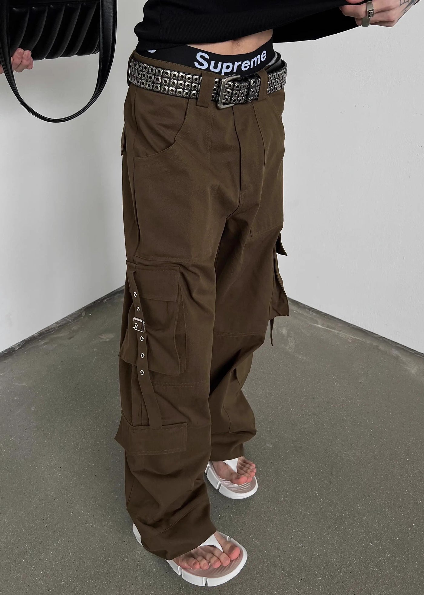 【SOULWORKER】Side suspender design wide style loose cargo pants  SW0029