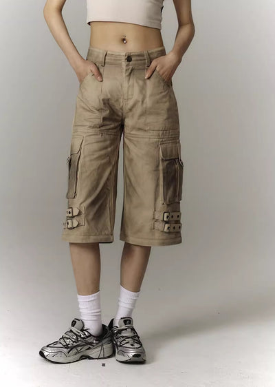 【YUKAHOUSE 】Dull design full stain wide silhouette suspender cargo pants  YO0006