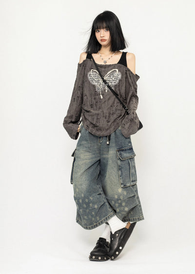 【ZERO STORE】Grunge butterfly design distressed knee cut sweater  ZS0044