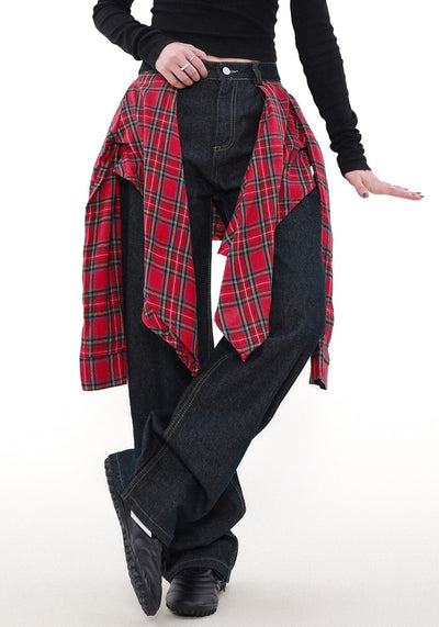 【MR nearly】Check gimmick layered style flare denim pants  MR0139