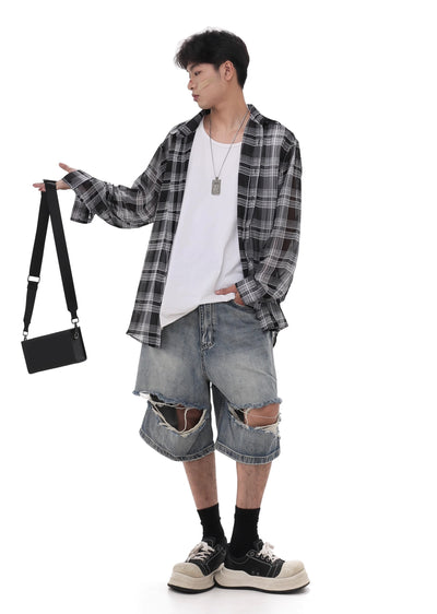 【GIBBYCNA】Double knee cut damaged design short silhouette denim pants  GC0013