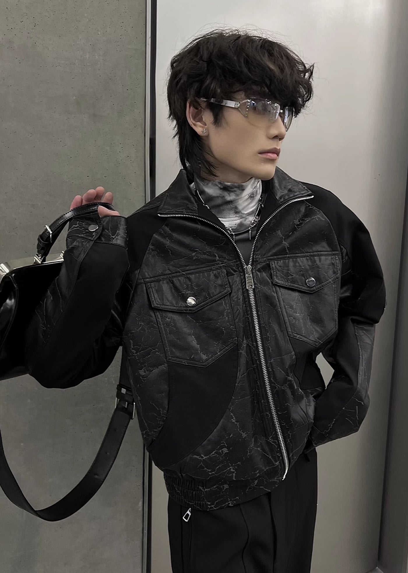 【SOULWORKER】Black Gimmick Leather Wide Full Zip Jacket Outerwear  SW0019