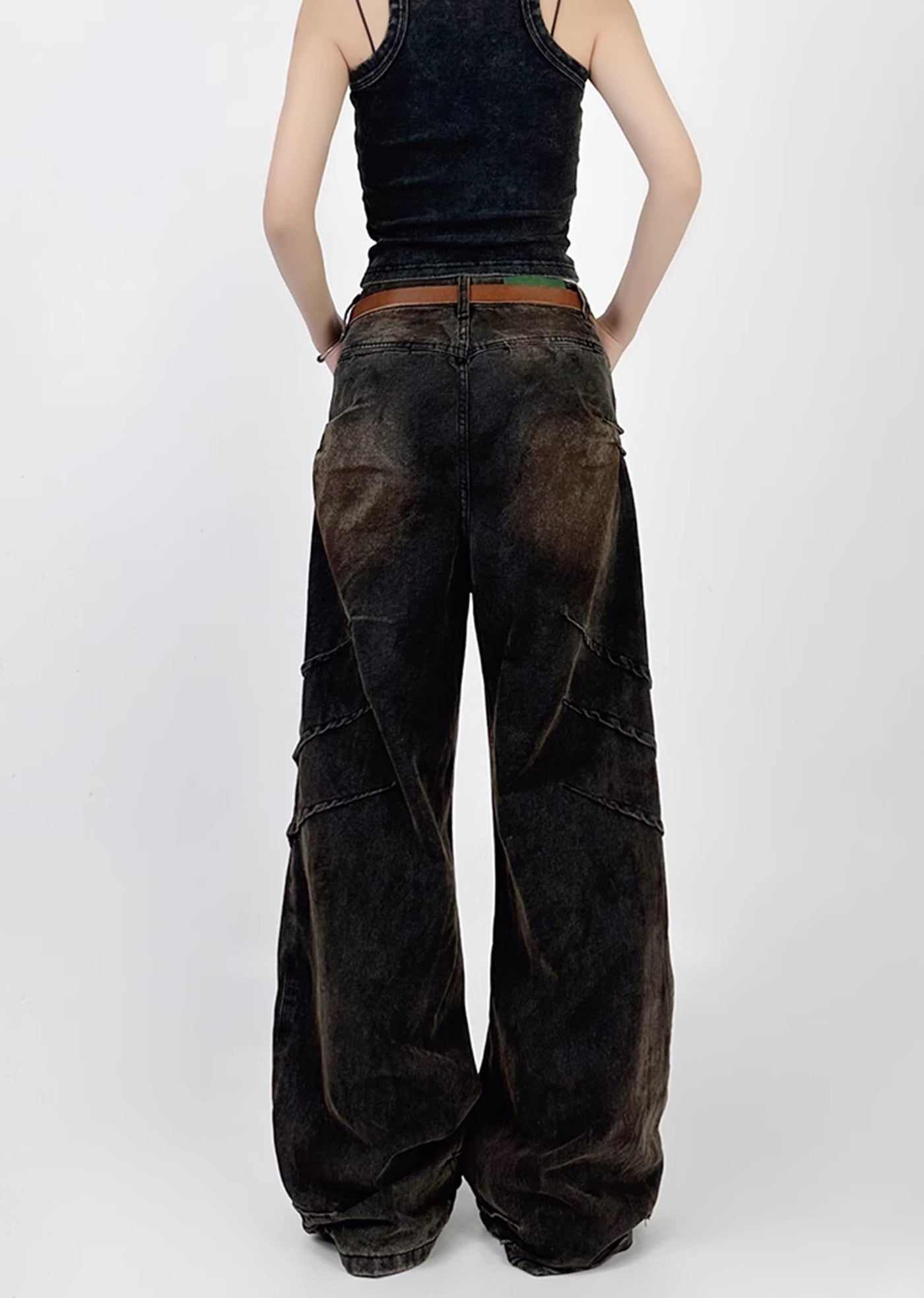 Double claw mark design grunge rust color wide denim pants  HL3039