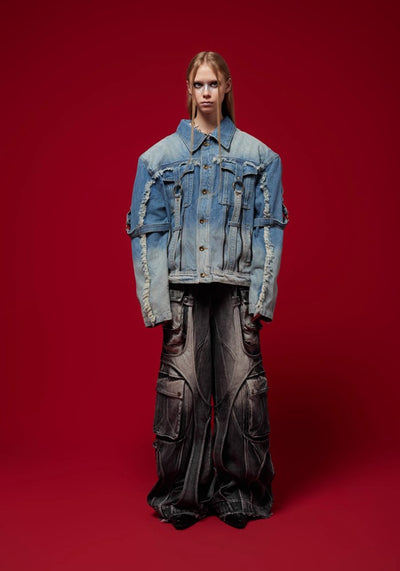 【Culture E】Washed distressed gimmick silhouette design denim jacket  CE0159