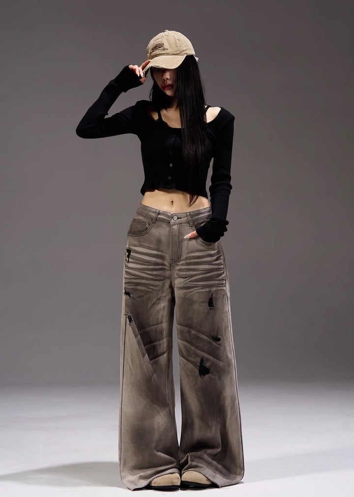 MAXDSTR】White base vintage faded denim wide pants MD0158