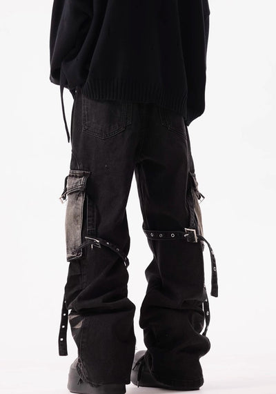 【BTSG】Double-washed gimmick suspender cargo denim pants  BS0033