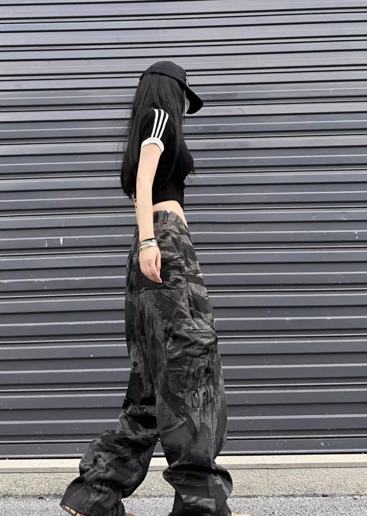 【W3】Dark camouflage design wide straight silhouette pants  WO0076