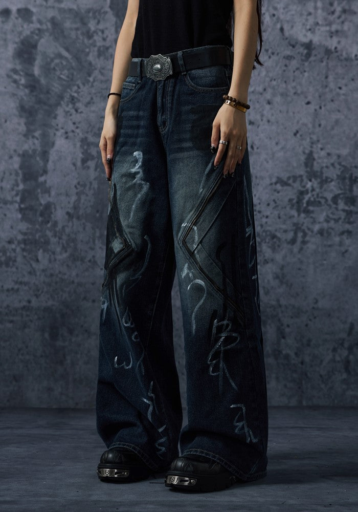 【NOMANIAI 】Blood Darkness Design Color Flame Wide Denim Pants  NA0004