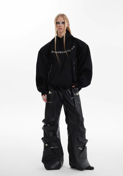 【Culture E】High-level gimmick silhouette leather design wide pants  CE0153