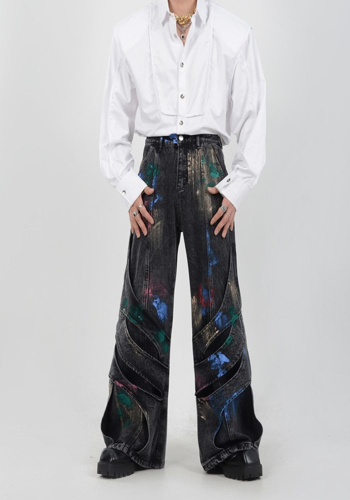 【LUCE GARMENT】Painted wide gimmick silhouette denim pants  LG0056