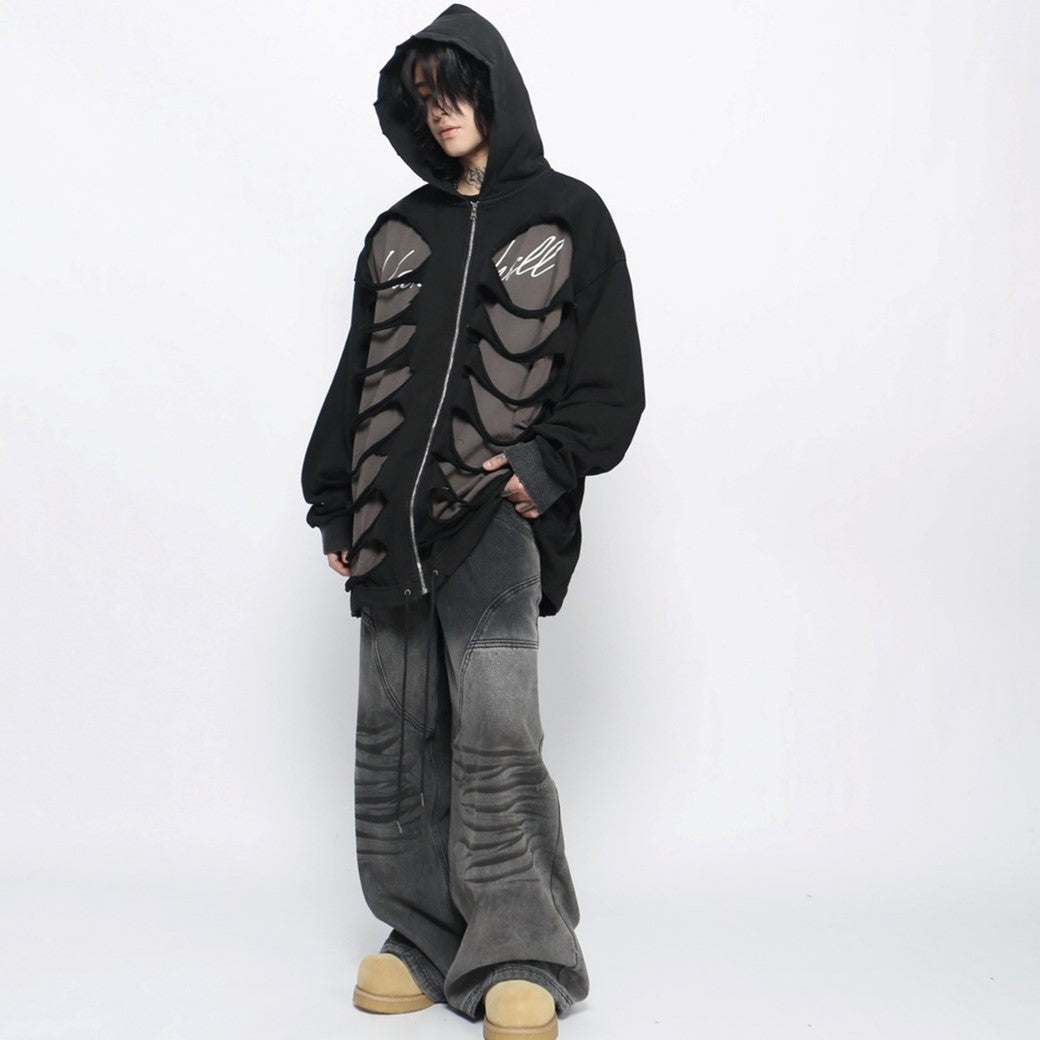 【Mz】Double layer bone-like gimmick design damage wide hoodie  MZ0037