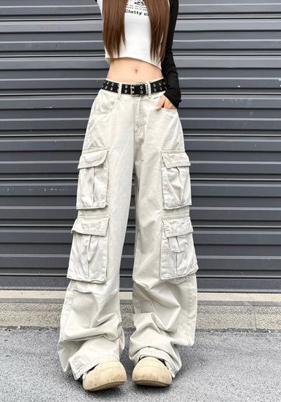 【W3】Double pocket wide silhouette base muted color cargo pants  WO0082