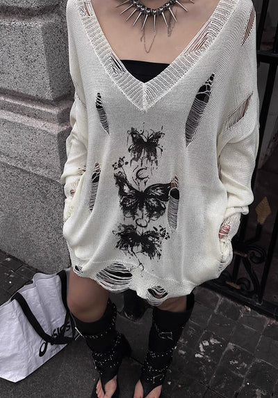 【TR BRUSHSHIFT】Mid-length distressed butterfly design sheer knit  TB0051