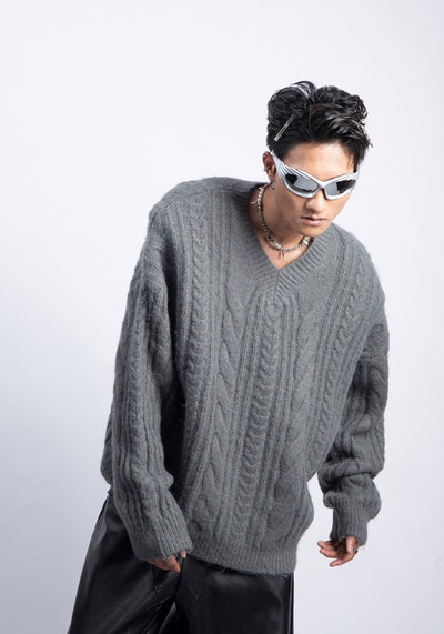 【PLAN1ONE】Simple baseline design V-neck silhouette knit sweater  PL0050