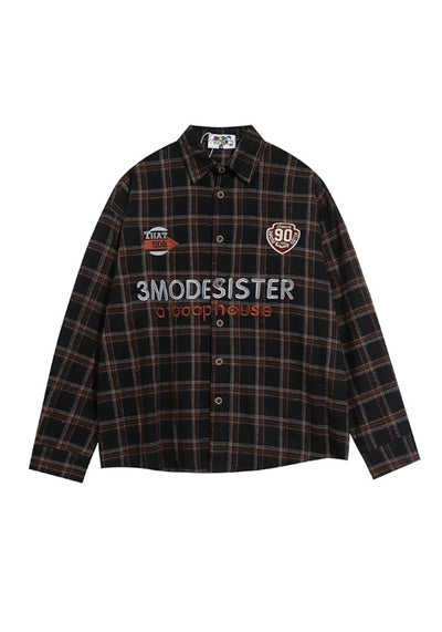 【H GANG X】College logo design American casual style over check long sleeve shirt  HX0093