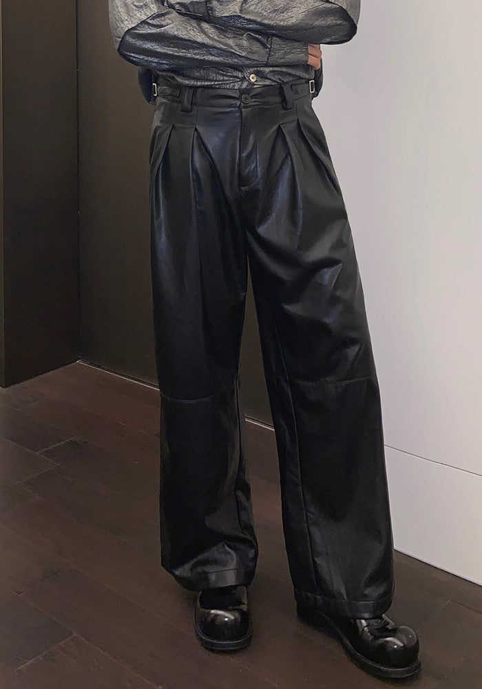 【CUIBUJU】Glossy design wide straight silhouette leather pants  CB0050