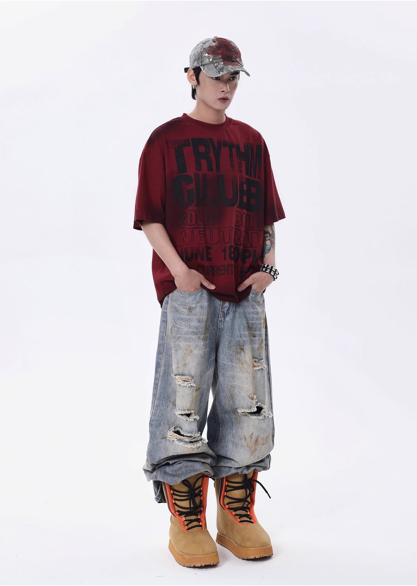 [BTSG] Middle distressed dull paint design wide silhouette denim pants BS0019