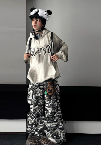 【TR BRUSHSHIFT】Monotone camouflage design three-dimensional wide cargo pants  TB0056