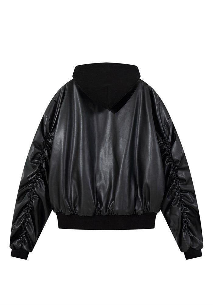 【W3】Hoodie plus faux leather style black jacket  WO0080