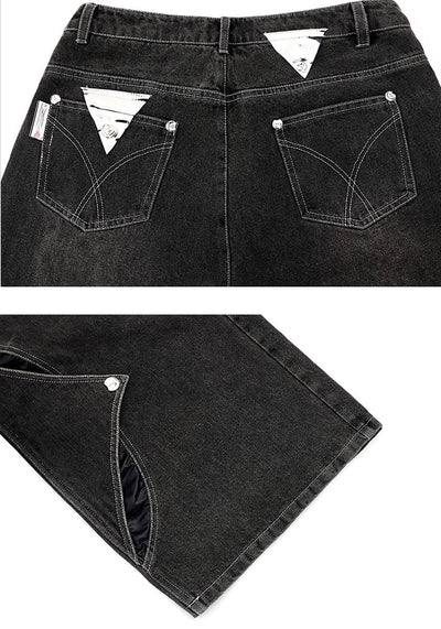 【Culture E】Countless patch design gimmick silhouette dark black denim pants  CE0154