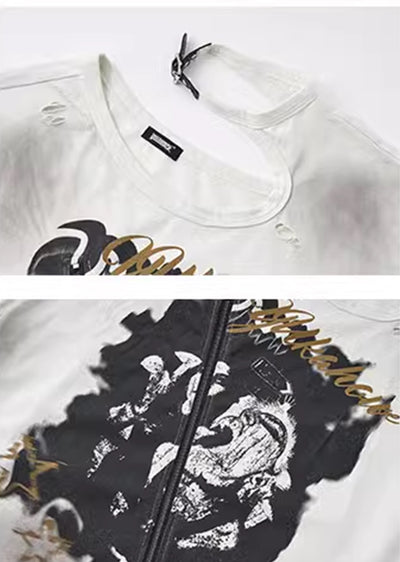 【YUKAHOUSE 】Full zip design front illustration monotone long sleeve T-shirt  YO0009