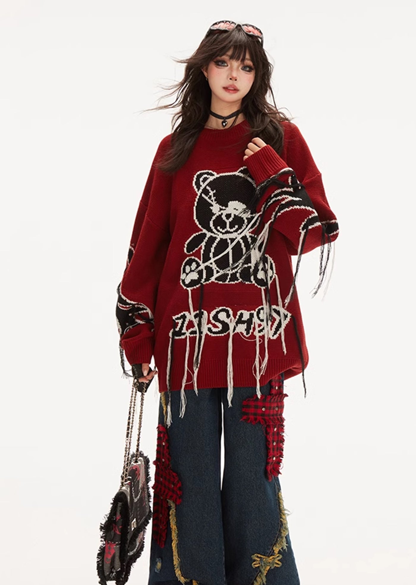 【Eleven shop97】Subculture bear illustration front design red knit sweater  ES0030