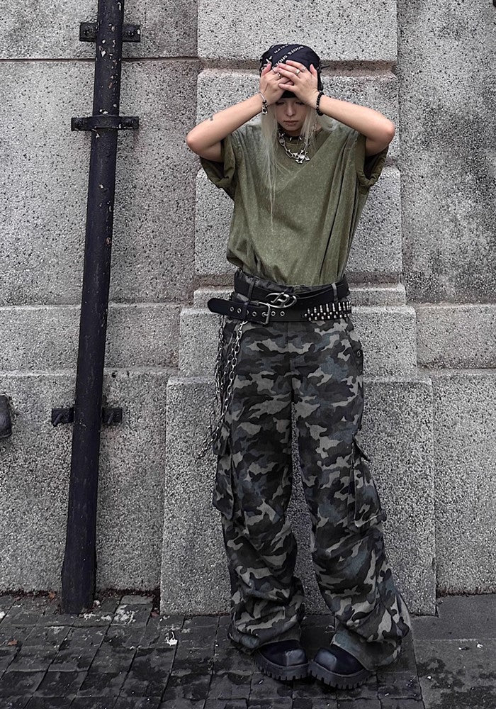 【TR BRUSHSHIFT】Simple camouflage design slim wide silhouette pants  TB0039