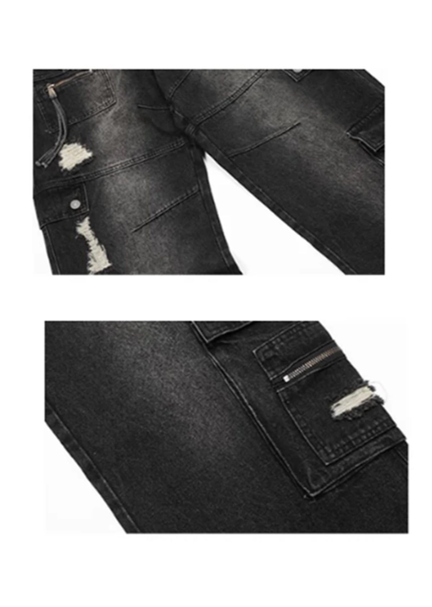 【Apocket】Middle distressed countless pocket design cargo denim pants  AK0020
