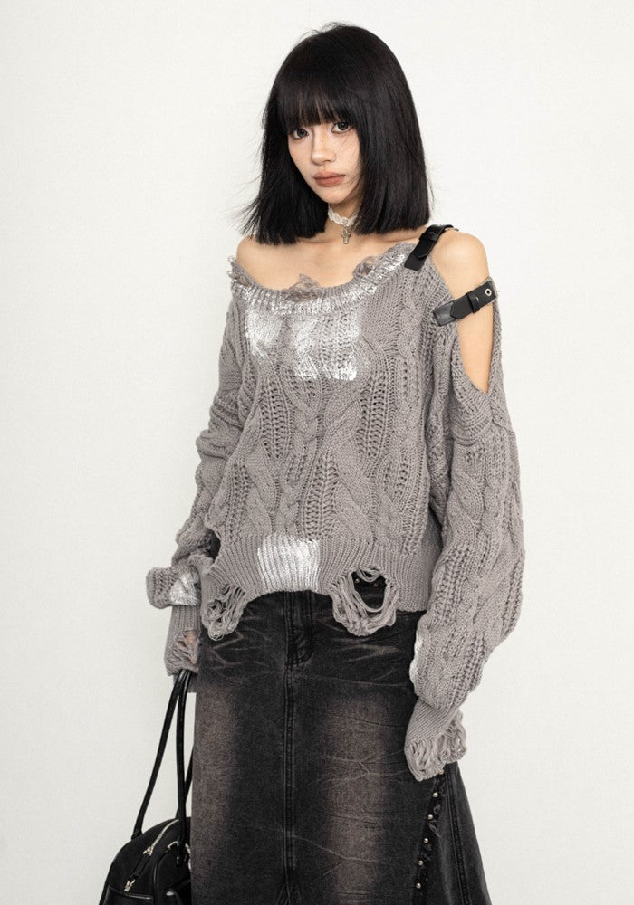 【ZERO STORE】Fully remade distressed knee belt shoulder design knit  ZS0057